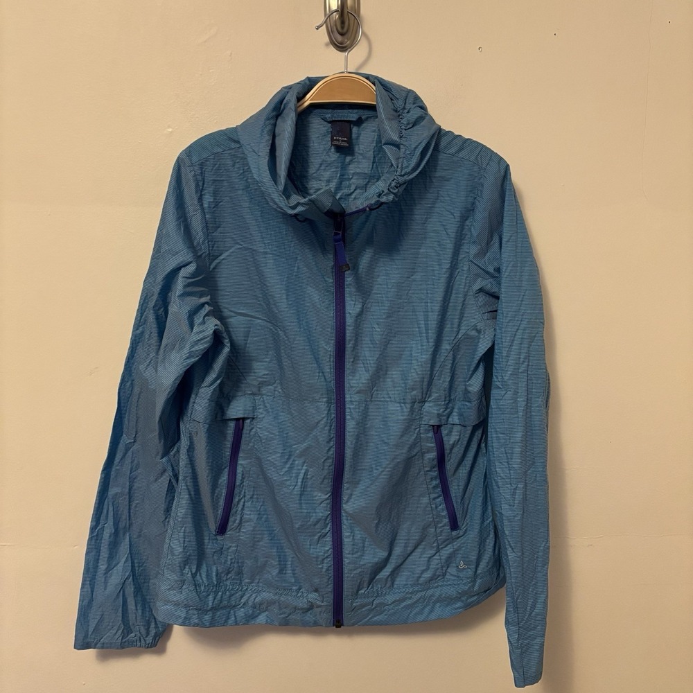 Prana Raincoat Windbreaker Jacket S Blue Striped Lightweight Hooded Hiking